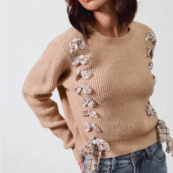 So Me Cropped Bow Cardigan Sweater Beige Plaid Bow Detail Women’s Medium - Picture 7 of 11